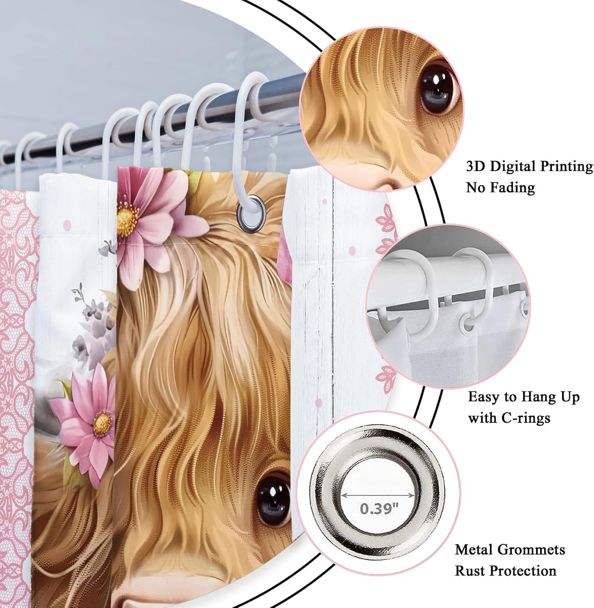 Pink Bow Highland Cow Western Funny Cute Rustic Bathroom Shower Curtain Set