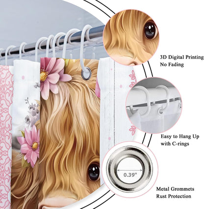 Pink Bow Highland Cow Western Funny Cute Rustic Bathroom Shower Curtain Set