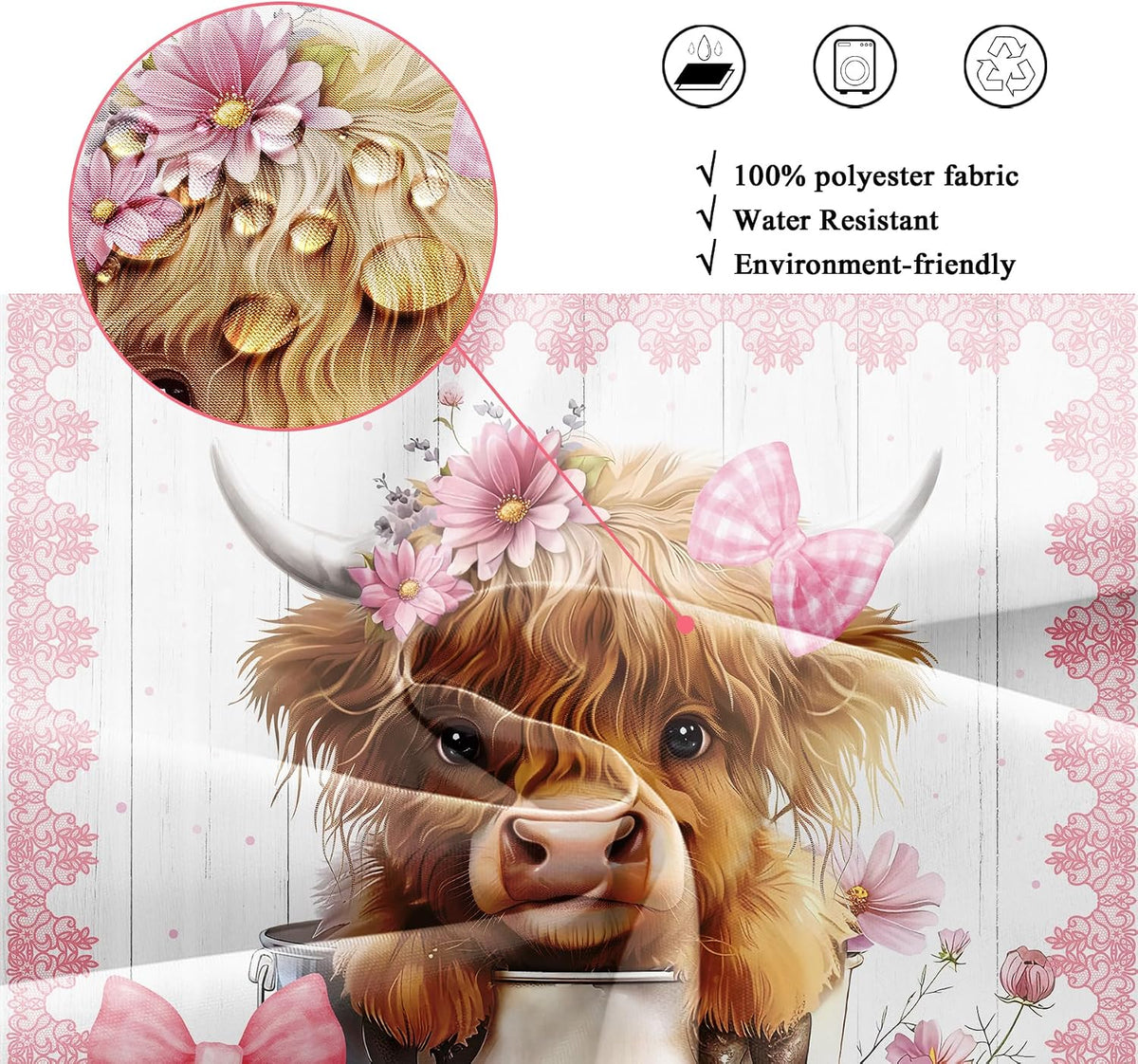 Pink Bow Highland Cow Western Funny Cute Rustic Bathroom Shower Curtain Set
