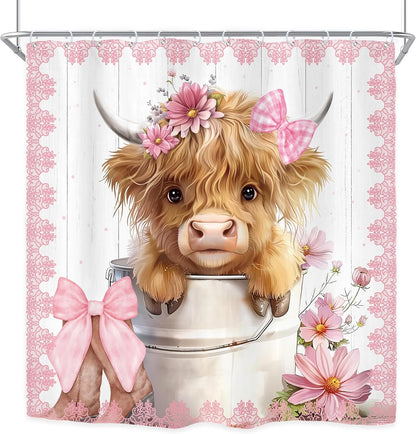 Pink Bow Highland Cow Western Funny Cute Rustic Bathroom Shower Curtain Set