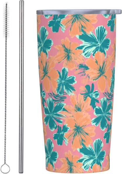 Light Teal And Peach Color Flowers Pattern Tumbler With Lid And Straw,20oz,Vacuum Insulated Iced Coffee Mug, Reusable Travel Cup Stainless Steel Water Bottle