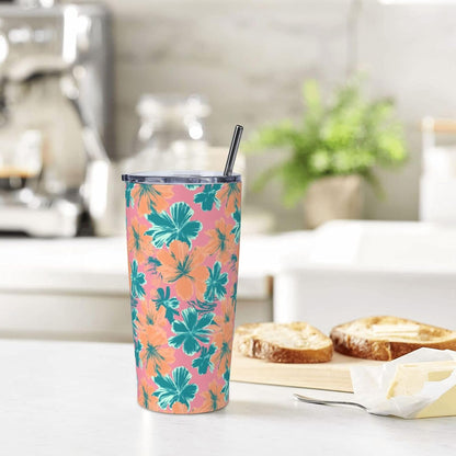 Light Teal And Peach Color Flowers Pattern Tumbler With Lid And Straw,20oz,Vacuum Insulated Iced Coffee Mug, Reusable Travel Cup Stainless Steel Water Bottle