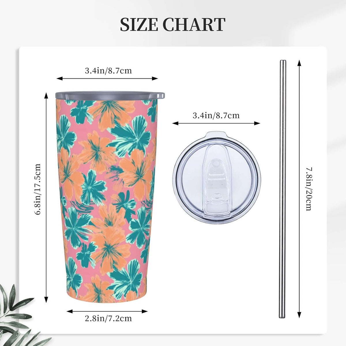 Light Teal And Peach Color Flowers Pattern Tumbler With Lid And Straw,20oz,Vacuum Insulated Iced Coffee Mug, Reusable Travel Cup Stainless Steel Water Bottle