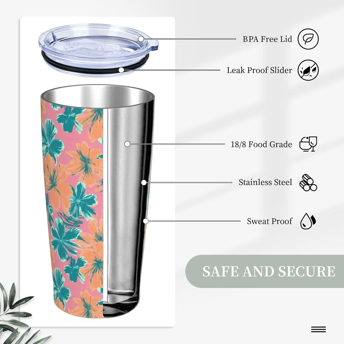Light Teal And Peach Color Flowers Pattern Tumbler With Lid And Straw,20oz,Vacuum Insulated Iced Coffee Mug, Reusable Travel Cup Stainless Steel Water Bottle
