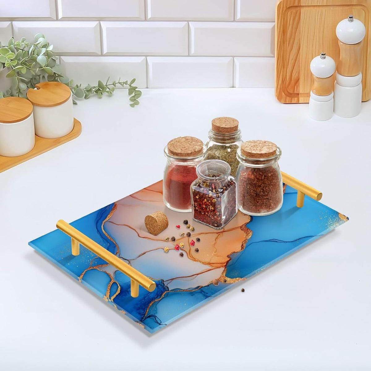 Marble Royal Blue Peach Decorative Trays with Handles with Handles Coffee Table Serving Tray for Jewelry Perfume for Food Carrying charola para comida