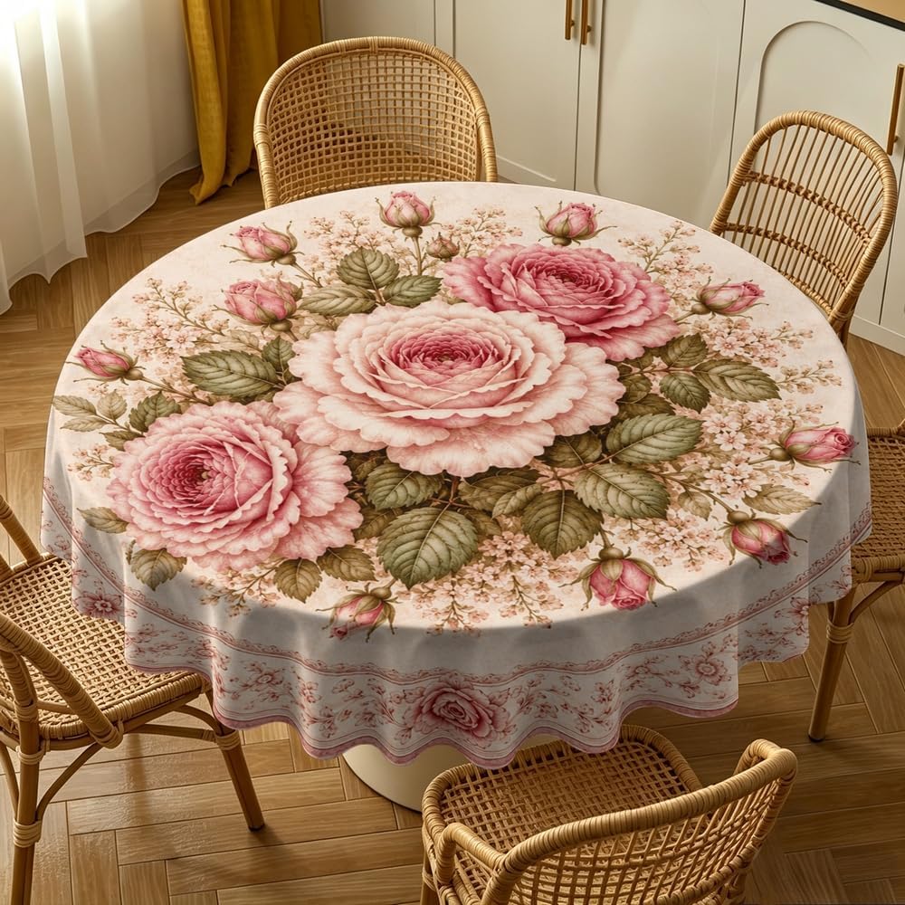 Round Tablecloth, Shabby Chic, Soft Pink Rose Bouquet, Cotton, 51"