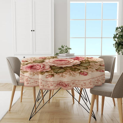 Round Tablecloth, Shabby Chic, Soft Pink Rose Bouquet, Cotton, 51"