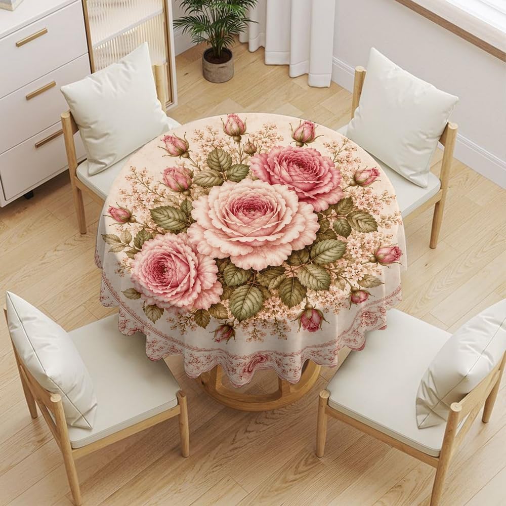 Round Tablecloth, Shabby Chic, Soft Pink Rose Bouquet, Cotton, 51"