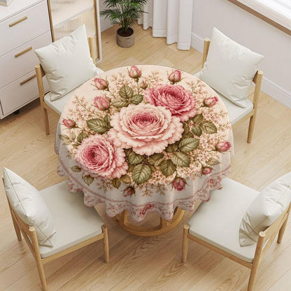 Round Tablecloth, Shabby Chic, Soft Pink Rose Bouquet, Cotton, 51"