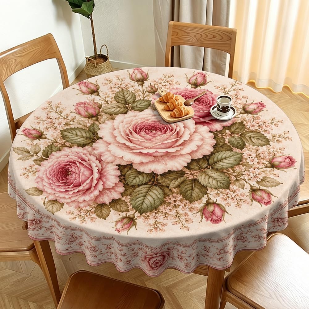 Round Tablecloth, Shabby Chic, Soft Pink Rose Bouquet, Cotton, 51"