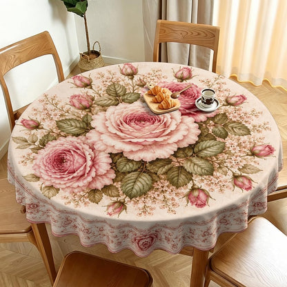 Round Tablecloth, Shabby Chic, Soft Pink Rose Bouquet, Cotton, 51"