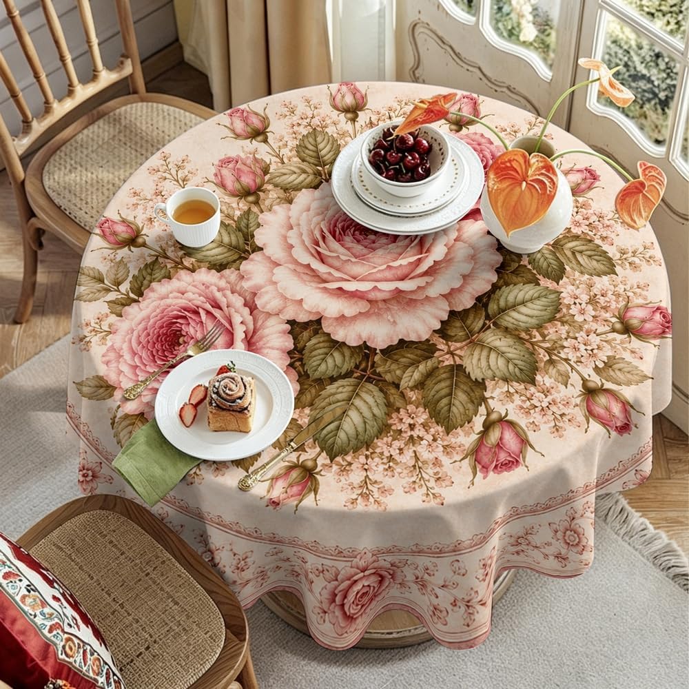 Round Tablecloth, Shabby Chic, Soft Pink Rose Bouquet, Cotton, 51"