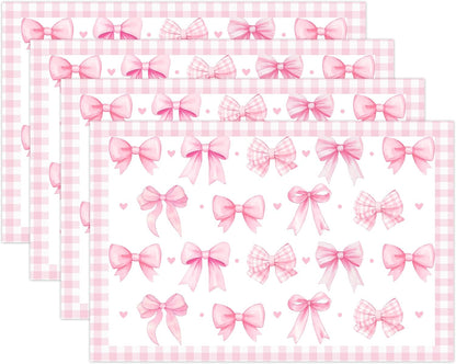 Pink Bow Theme Place Mats Set of 4, Bow Theme Home Decor, Non-Slip Linen Washable Reusable Table Mats for Indoor Outdoor Kitchen Dining Table Home Decorations 12 x 18 Inches
