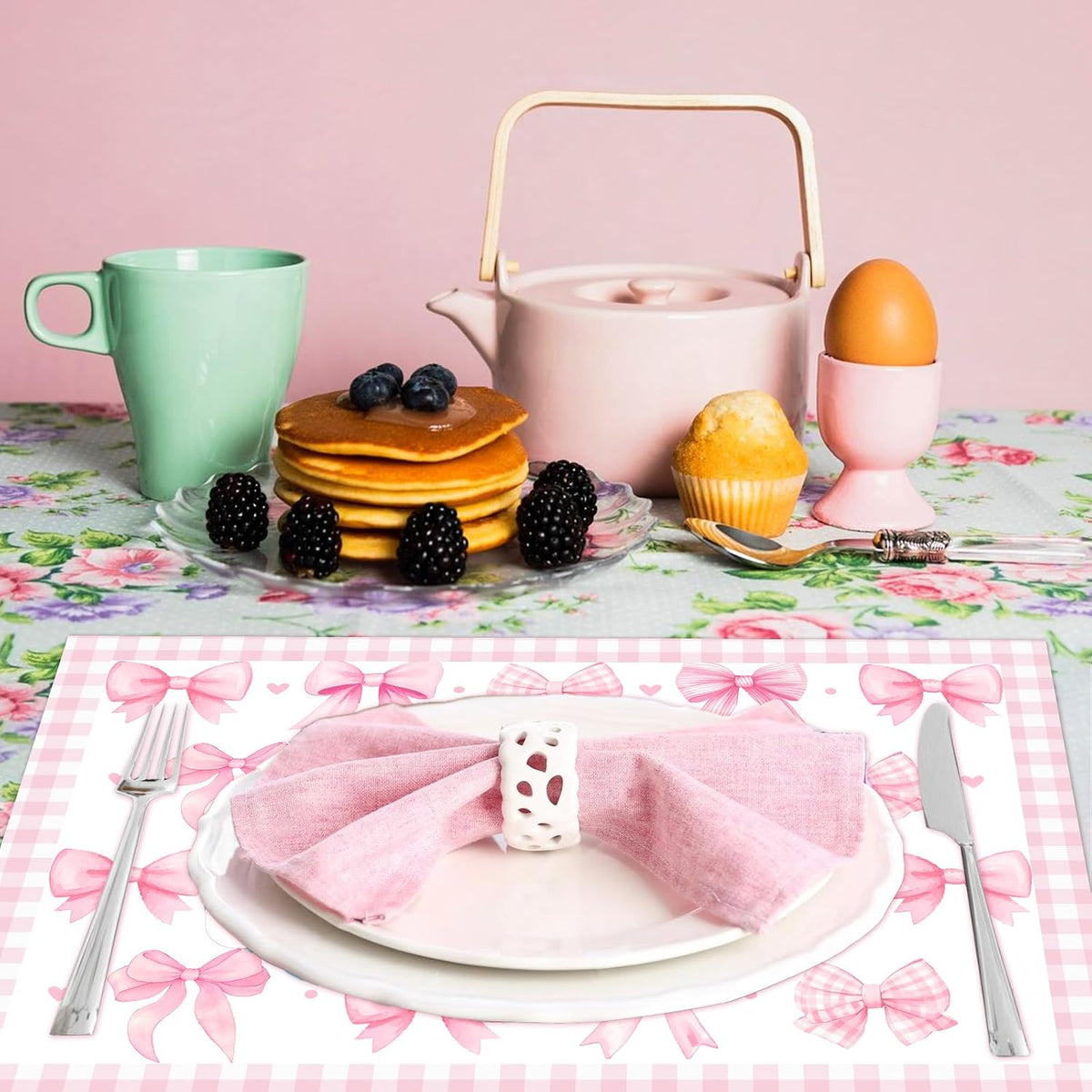 Pink Bow Theme Place Mats Set of 4, Bow Theme Home Decor, Non-Slip Linen Washable Reusable Table Mats for Indoor Outdoor Kitchen Dining Table Home Decorations 12 x 18 Inches