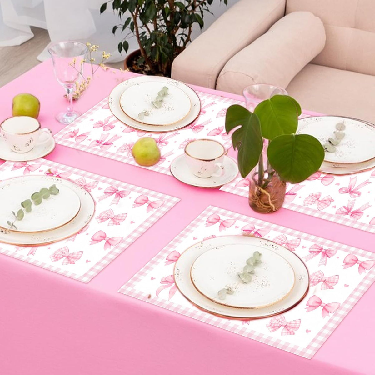 Pink Bow Theme Place Mats Set of 4, Bow Theme Home Decor, Non-Slip Linen Washable Reusable Table Mats for Indoor Outdoor Kitchen Dining Table Home Decorations 12 x 18 Inches