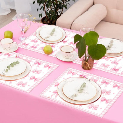 Pink Bow Theme Place Mats Set of 4, Bow Theme Home Decor, Non-Slip Linen Washable Reusable Table Mats for Indoor Outdoor Kitchen Dining Table Home Decorations 12 x 18 Inches