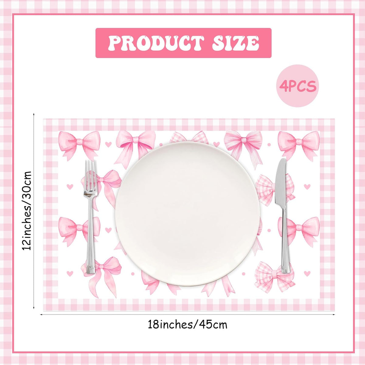Pink Bow Theme Place Mats Set of 4, Bow Theme Home Decor, Non-Slip Linen Washable Reusable Table Mats for Indoor Outdoor Kitchen Dining Table Home Decorations 12 x 18 Inches
