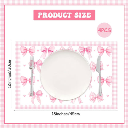 Pink Bow Theme Place Mats Set of 4, Bow Theme Home Decor, Non-Slip Linen Washable Reusable Table Mats for Indoor Outdoor Kitchen Dining Table Home Decorations 12 x 18 Inches