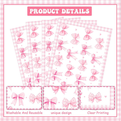 Pink Bow Theme Place Mats Set of 4, Bow Theme Home Decor, Non-Slip Linen Washable Reusable Table Mats for Indoor Outdoor Kitchen Dining Table Home Decorations 12 x 18 Inches