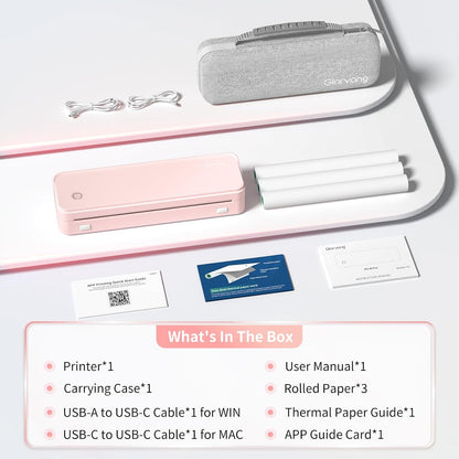 Inkless Portable Printer for Travel, Wireless Thermal Printer Supports 8.5 x 11 Inch US Letter Size, Bluetooth Machine Includes Carry Case and 3 Rolls of Thermal Paper Kit, Pink