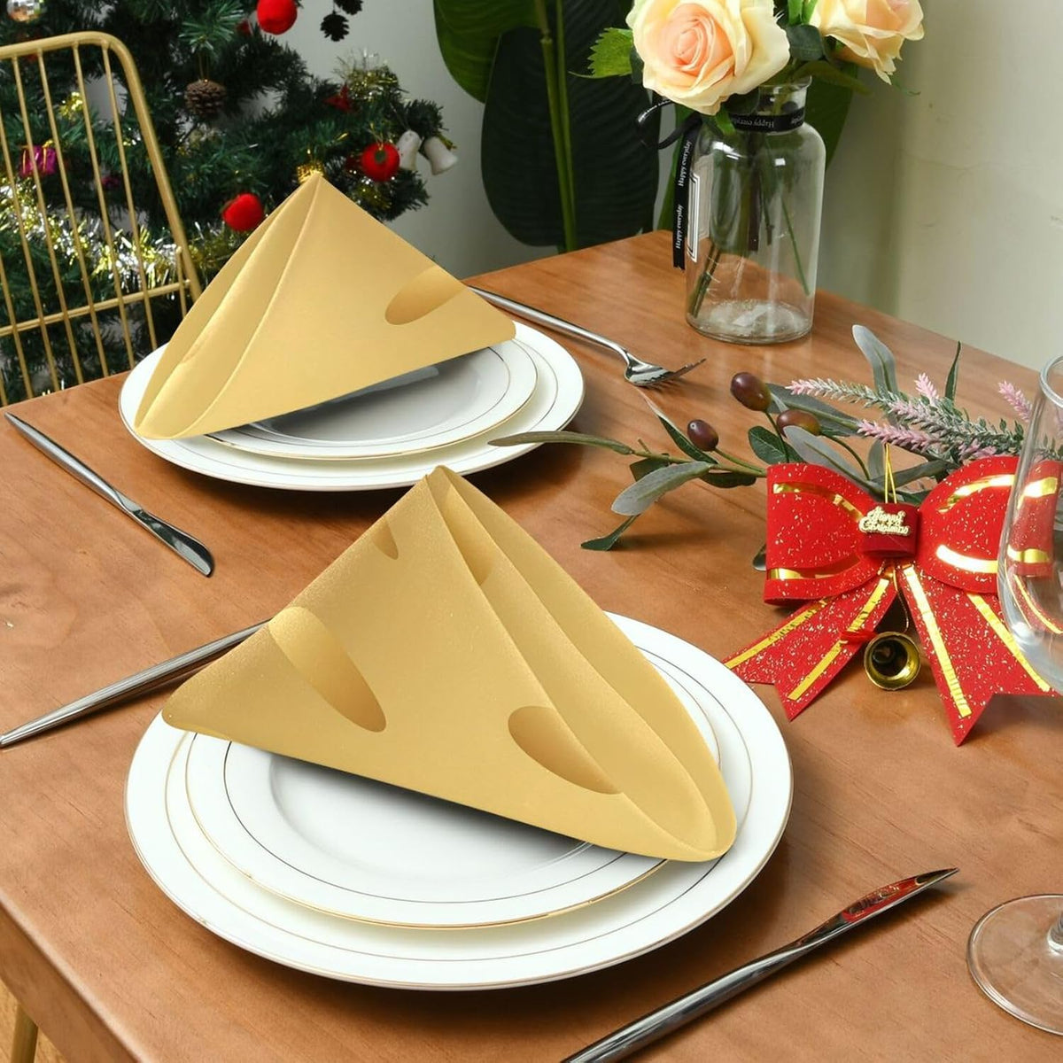 Shiny Gold Texture 20x20 Inch Cloth Napkins Set of 6, Satin Peach Skin Polyester Dinner Napkins, Washable Reusable Table Napkins with Hemmed Edges for Wedding Party Restaurant Everyday Use