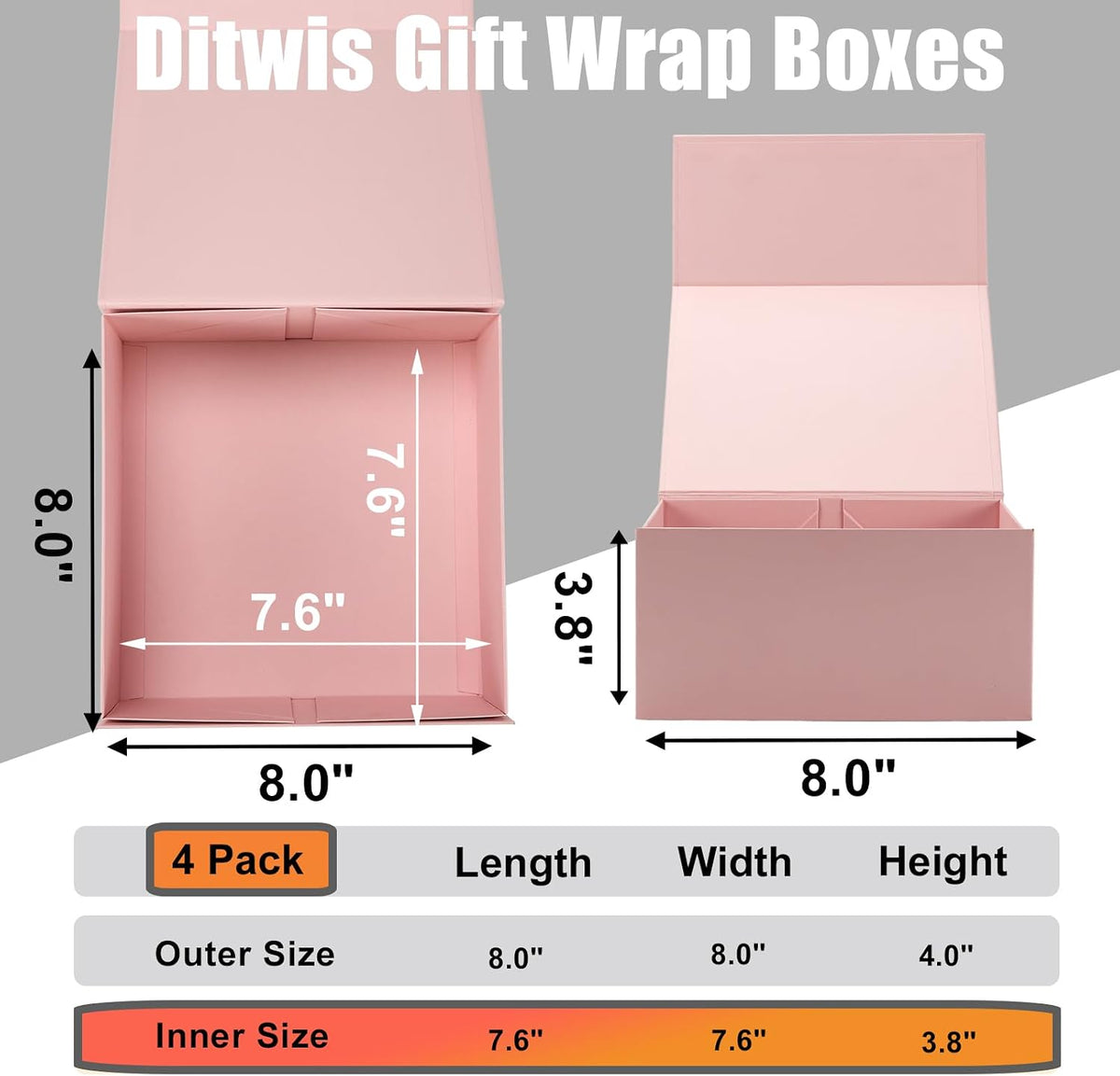 4 Pack 8x8x4 Inches Gift Boxes with Magnetic Closure Lids, Pink Magnetic Box for Wedding, Groomsmen Bridesmaid Proposal, Birthdays, Mother's Day