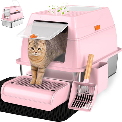 Vivifying Stainless Steel Litter Box with Lid, XL Front Entry Enclosed Extra Large Litter Box for Big Cats & Kitty, Top Exit Metal Cat Pan with Scoop, Mat, Footboard, Charcoal Filter (Pink)