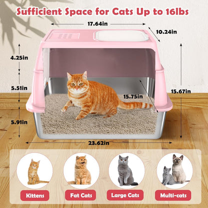 Vivifying Stainless Steel Litter Box with Lid, XL Front Entry Enclosed Extra Large Litter Box for Big Cats & Kitty, Top Exit Metal Cat Pan with Scoop, Mat, Footboard, Charcoal Filter (Pink)