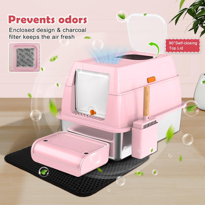 Vivifying Stainless Steel Litter Box with Lid, XL Front Entry Enclosed Extra Large Litter Box for Big Cats & Kitty, Top Exit Metal Cat Pan with Scoop, Mat, Footboard, Charcoal Filter (Pink)