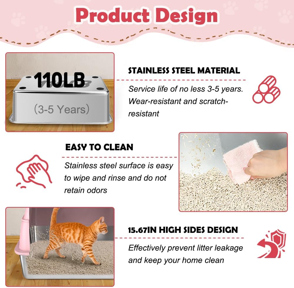 Vivifying Stainless Steel Litter Box with Lid, XL Front Entry Enclosed Extra Large Litter Box for Big Cats & Kitty, Top Exit Metal Cat Pan with Scoop, Mat, Footboard, Charcoal Filter (Pink)