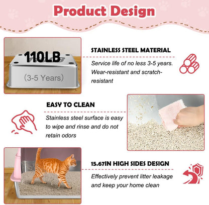 Vivifying Stainless Steel Litter Box with Lid, XL Front Entry Enclosed Extra Large Litter Box for Big Cats & Kitty, Top Exit Metal Cat Pan with Scoop, Mat, Footboard, Charcoal Filter (Pink)