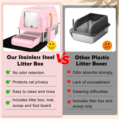 Vivifying Stainless Steel Litter Box with Lid, XL Front Entry Enclosed Extra Large Litter Box for Big Cats & Kitty, Top Exit Metal Cat Pan with Scoop, Mat, Footboard, Charcoal Filter (Pink)