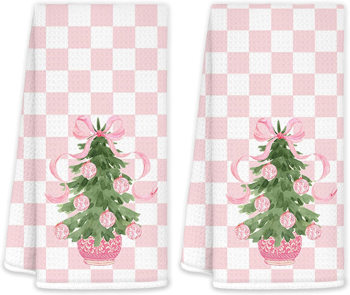 Pink Chinoiserie Christmas Kitchen Towels Set of 2, Coquette Pink Bow Preppy Christmas Tree Decorative Hand Towels for Bathroom Kitchen, Grandmillennial Checkered Xmas Dish Tea Towel, 16x24 Inch