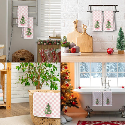Pink Chinoiserie Christmas Kitchen Towels Set of 2, Coquette Pink Bow Preppy Christmas Tree Decorative Hand Towels for Bathroom Kitchen, Grandmillennial Checkered Xmas Dish Tea Towel, 16x24 Inch