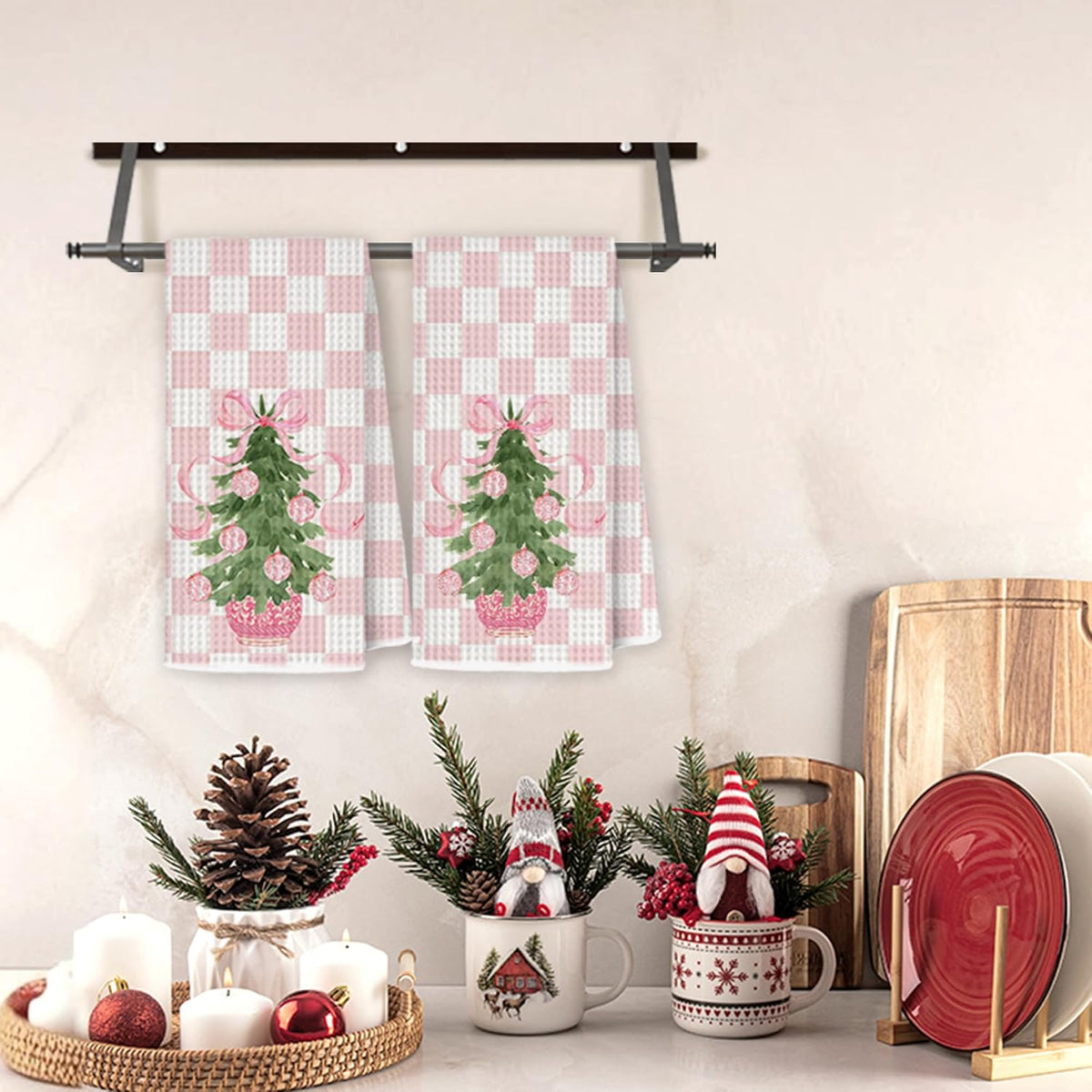 Pink Chinoiserie Christmas Kitchen Towels Set of 2, Coquette Pink Bow Preppy Christmas Tree Decorative Hand Towels for Bathroom Kitchen, Grandmillennial Checkered Xmas Dish Tea Towel, 16x24 Inch