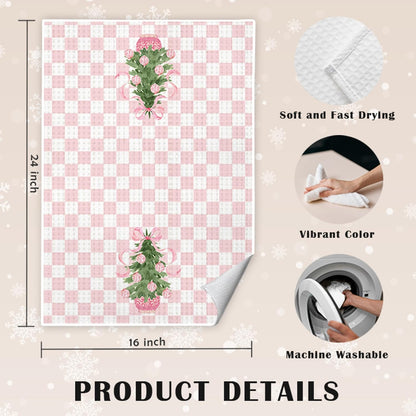 Pink Chinoiserie Christmas Kitchen Towels Set of 2, Coquette Pink Bow Preppy Christmas Tree Decorative Hand Towels for Bathroom Kitchen, Grandmillennial Checkered Xmas Dish Tea Towel, 16x24 Inch