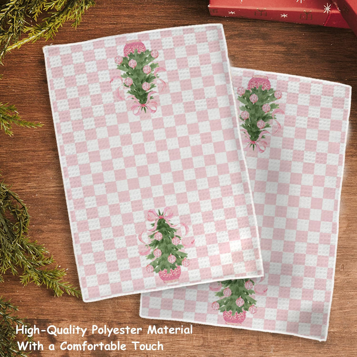 Pink Chinoiserie Christmas Kitchen Towels Set of 2, Coquette Pink Bow Preppy Christmas Tree Decorative Hand Towels for Bathroom Kitchen, Grandmillennial Checkered Xmas Dish Tea Towel, 16x24 Inch