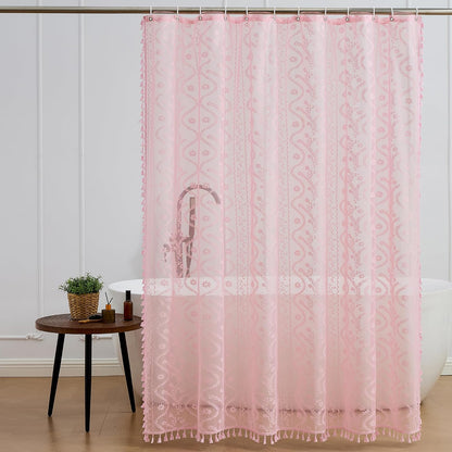 Pink Lace Shower Curtain - Vintage Pretty Pastel Girl Floral Shower Curtain Girly, Cute Coquette Tassel Princess Bath Curtains for Bathroom, 72 x 72 Inch, 1 Panel