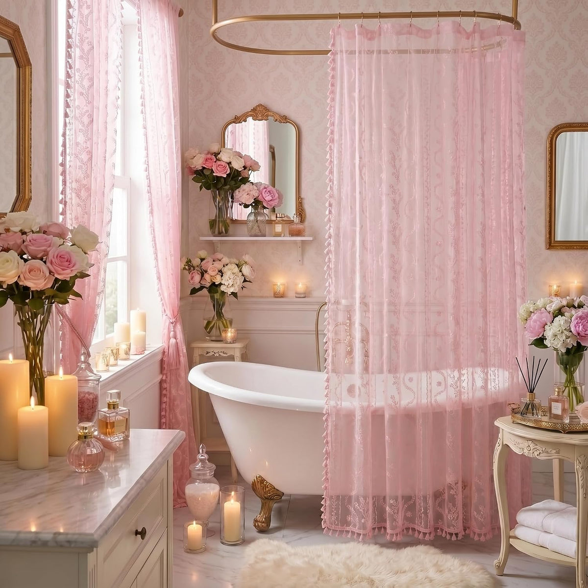 Pink Lace Shower Curtain - Vintage Pretty Pastel Girl Floral Shower Curtain Girly, Cute Coquette Tassel Princess Bath Curtains for Bathroom, 72 x 72 Inch, 1 Panel