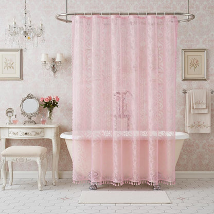 Pink Lace Shower Curtain - Vintage Pretty Pastel Girl Floral Shower Curtain Girly, Cute Coquette Tassel Princess Bath Curtains for Bathroom, 72 x 72 Inch, 1 Panel