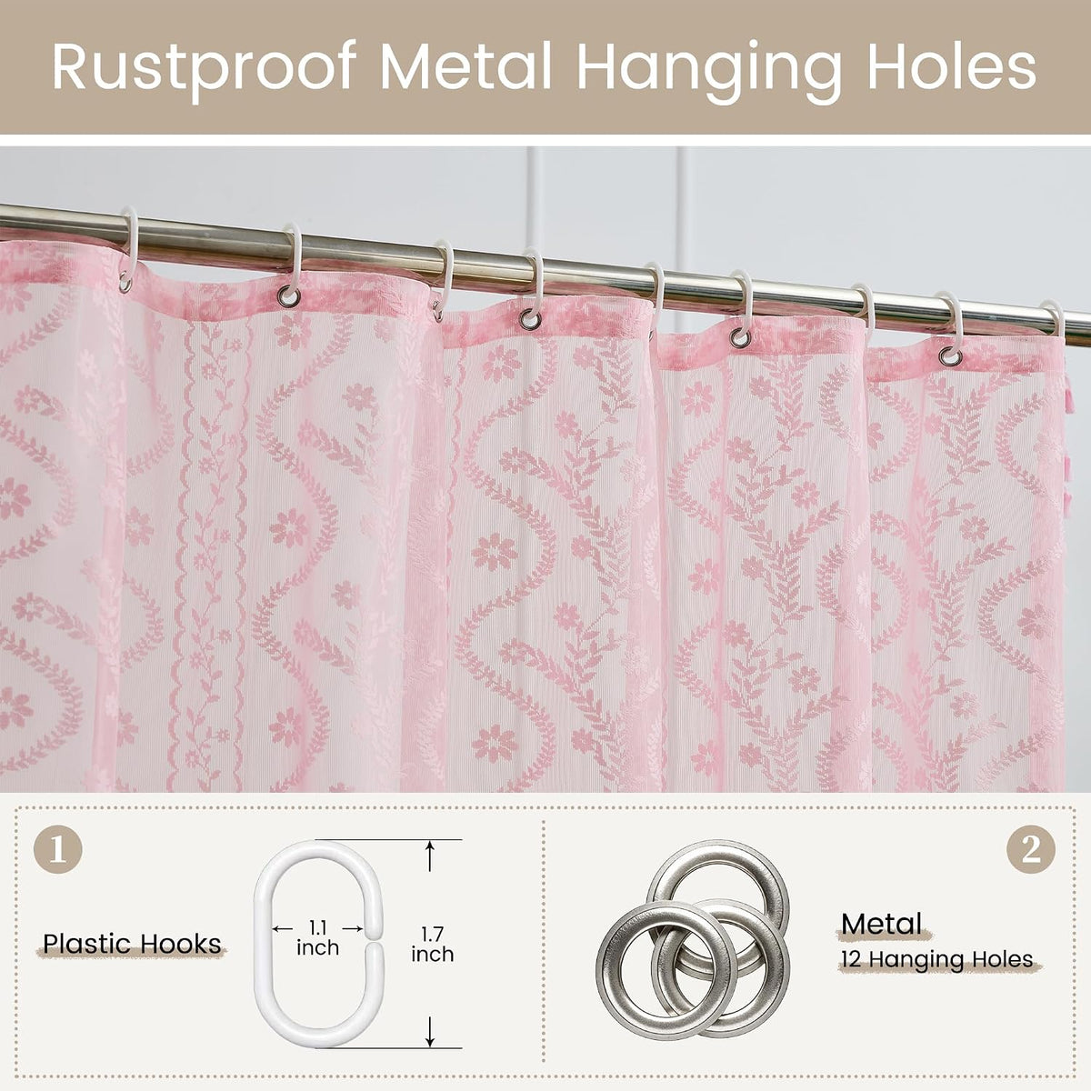 Pink Lace Shower Curtain - Vintage Pretty Pastel Girl Floral Shower Curtain Girly, Cute Coquette Tassel Princess Bath Curtains for Bathroom, 72 x 72 Inch, 1 Panel