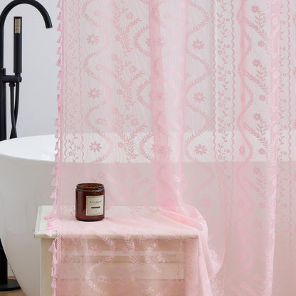 Pink Lace Shower Curtain - Vintage Pretty Pastel Girl Floral Shower Curtain Girly, Cute Coquette Tassel Princess Bath Curtains for Bathroom, 72 x 72 Inch, 1 Panel