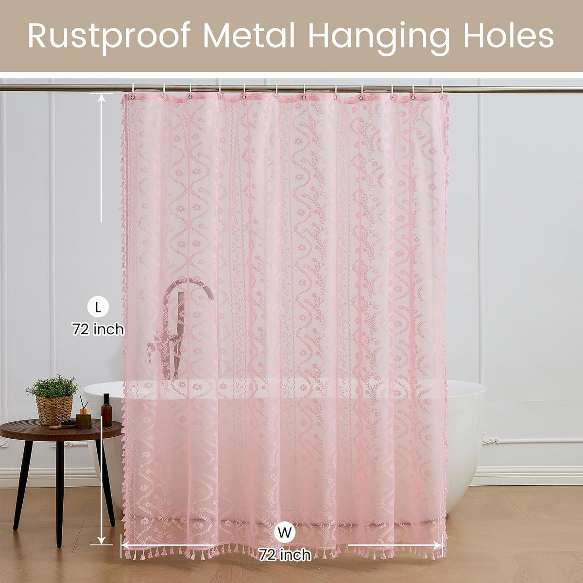 Pink Lace Shower Curtain - Vintage Pretty Pastel Girl Floral Shower Curtain Girly, Cute Coquette Tassel Princess Bath Curtains for Bathroom, 72 x 72 Inch, 1 Panel
