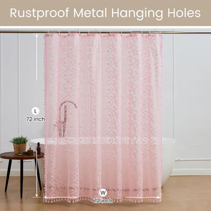 Pink Lace Shower Curtain - Vintage Pretty Pastel Girl Floral Shower Curtain Girly, Cute Coquette Tassel Princess Bath Curtains for Bathroom, 72 x 72 Inch, 1 Panel