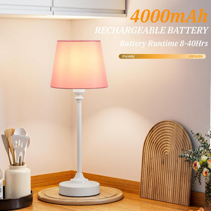 Cordless Table Lamps Rechargeable Set - 2 Pack White 4000mAH Battery Operated Lamps for Decor, 3000K Stepless Dimming Touch Control Wireless Lamps for Bedroom, Dining Table, Living Room, Pink Shade