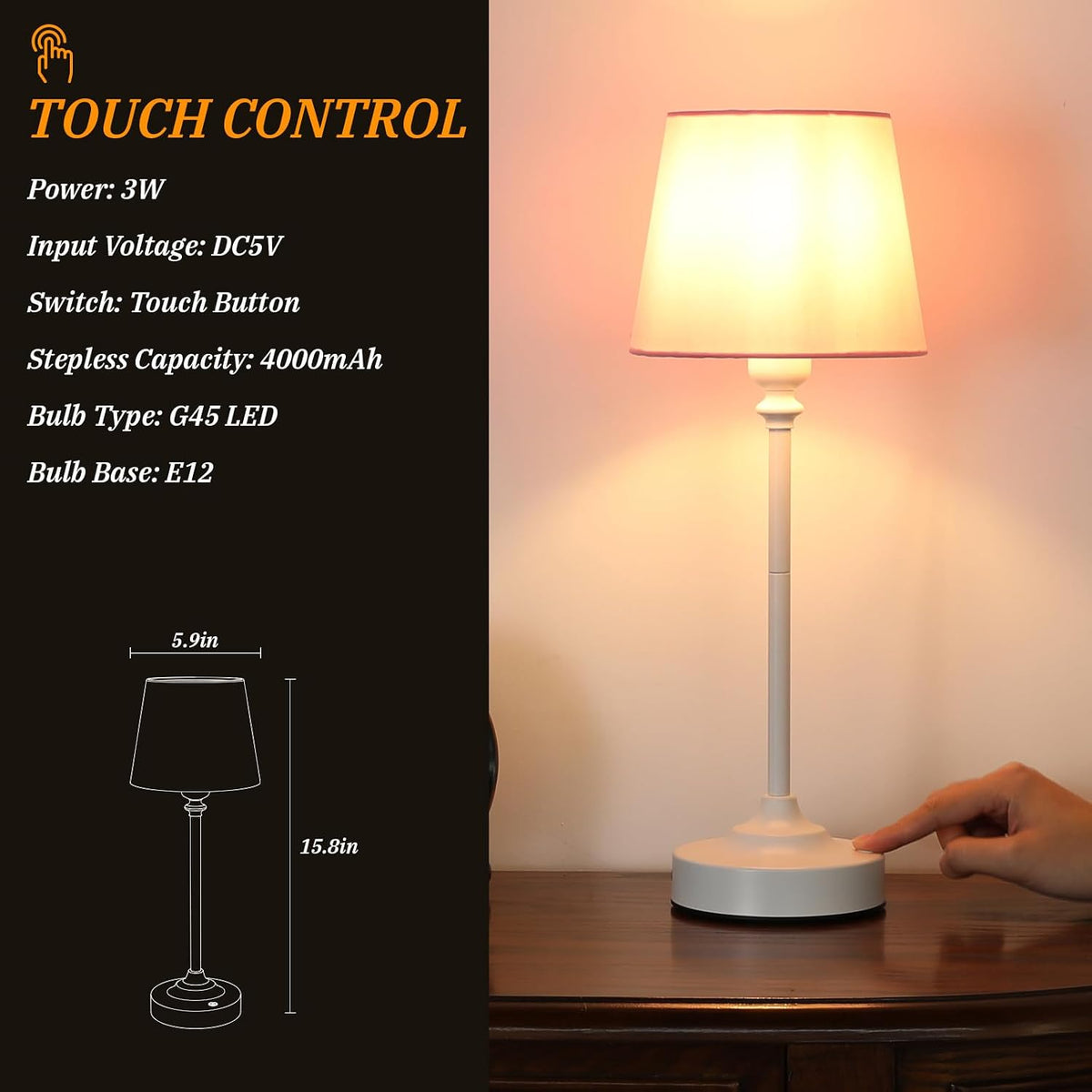 Cordless Table Lamps Rechargeable Set - 2 Pack White 4000mAH Battery Operated Lamps for Decor, 3000K Stepless Dimming Touch Control Wireless Lamps for Bedroom, Dining Table, Living Room, Pink Shade