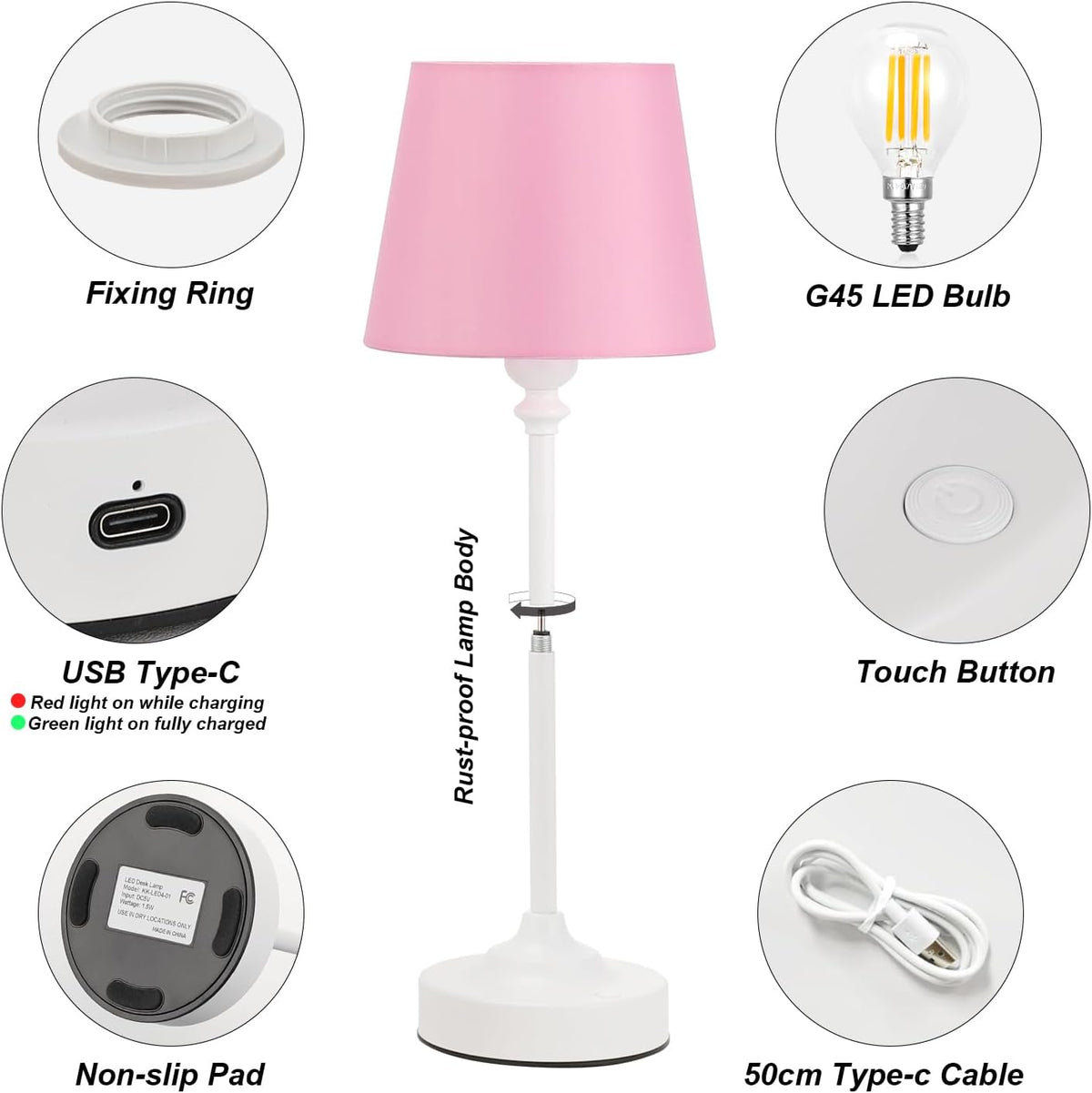 Cordless Table Lamps Rechargeable Set - 2 Pack White 4000mAH Battery Operated Lamps for Decor, 3000K Stepless Dimming Touch Control Wireless Lamps for Bedroom, Dining Table, Living Room, Pink Shade