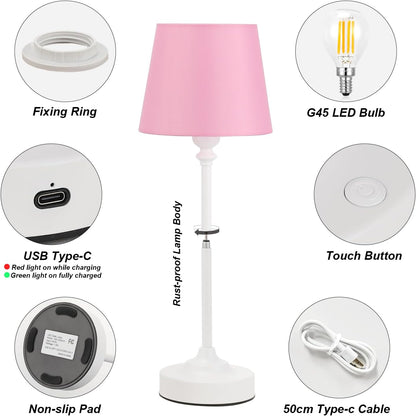Cordless Table Lamps Rechargeable Set - 2 Pack White 4000mAH Battery Operated Lamps for Decor, 3000K Stepless Dimming Touch Control Wireless Lamps for Bedroom, Dining Table, Living Room, Pink Shade