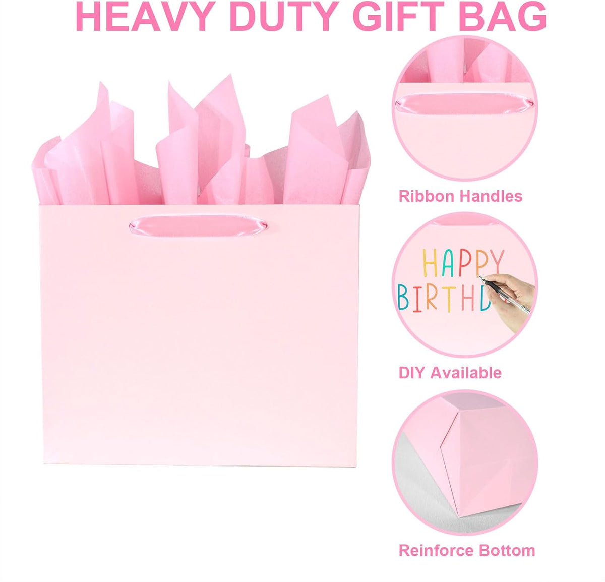 Elegant Pink Gift Bag 11.8"x4.5"x9.8" with Ribbon Handles, Includes Card and Tissue Papers, Perfect for Birthdays, Weddings, Parties, Holidays, Baby Shower
