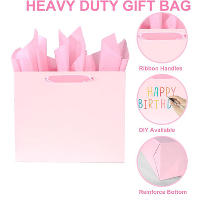 Elegant Pink Gift Bag 11.8"x4.5"x9.8" with Ribbon Handles, Includes Card and Tissue Papers, Perfect for Birthdays, Weddings, Parties, Holidays, Baby Shower